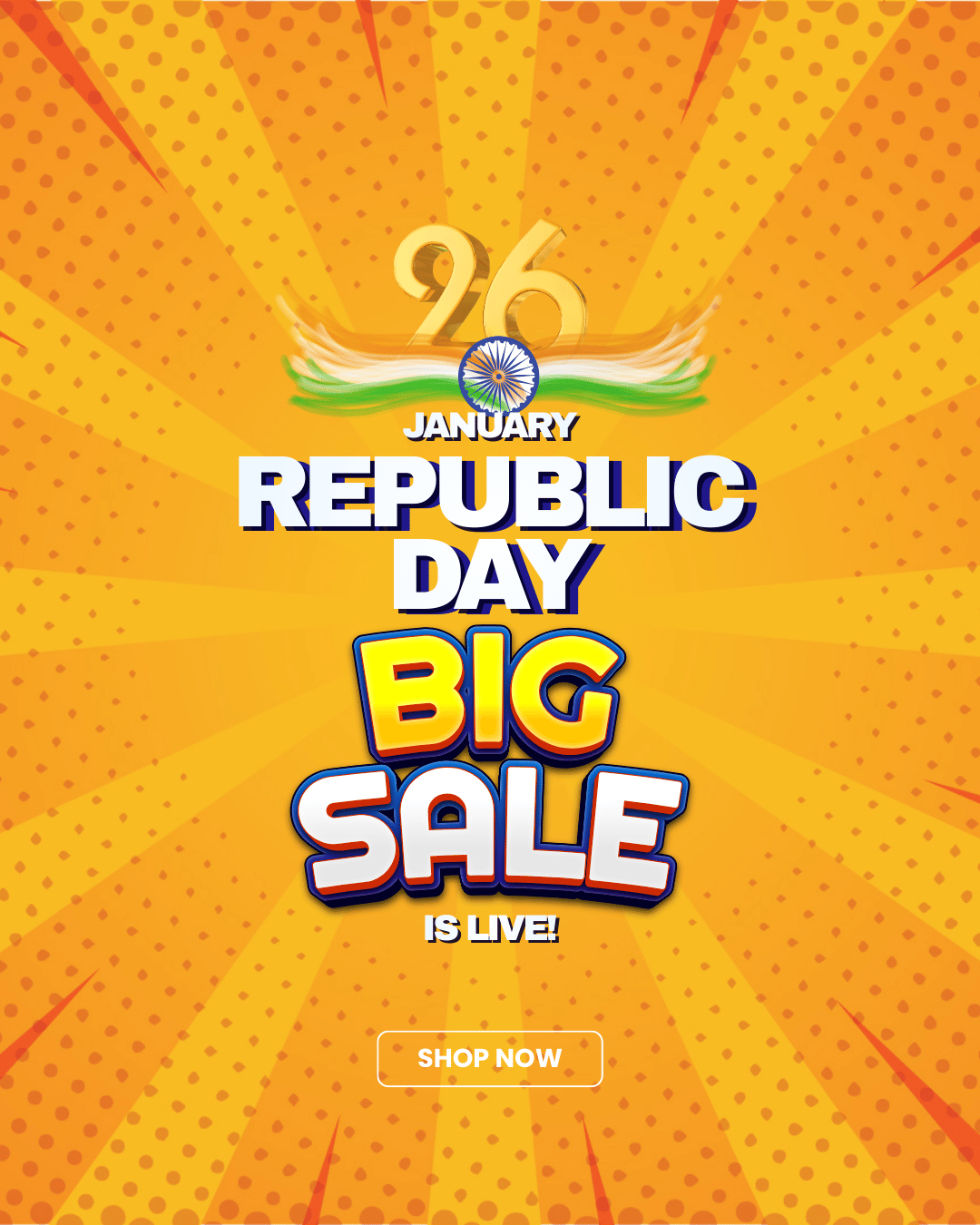 Design a premium Republic Day sale banner exactly 534px wide by 250px tall for a deals website homepage. Deep navy-to-teal gradient background (#041628 top to #06364a bottom) with soft cyan/white central glow. Flowing 3D tricolor silk ribbons (saffron, white, green) diagonal from bottom-left, glossy highlights and shadows. Semi-transparent Ashoka Chakra (navy strokes, 30% opacity) centered behind text. Subtle India Gate silhouette bottom-right in sandstone tones. Sparse confetti (saffron/white/green/gold) on edges. Small white shopping icons (phone, laptop, T-shirt, gift box, coins) below supporting text. Exact text in modern bold sans-serif (Poppins/Montserrat style): Center-top: "Republic Day" (white, medium) over "Mega Offers" (ExtraBold white, saffron glow, largest) Below: "Up to 80% OFF + Extra Bank Discounts" (light green, "80% OFF" in saffron pill) Smaller: "Top Deals on Electronics, Fashion & More" (light grey) Bottom-center CTA: Rounded saffron button "Explore Offers →" (bold white, shadow) Crisp vectors, high contrast, premium e-commerce style, sharp details, no blur, festive yet professional.